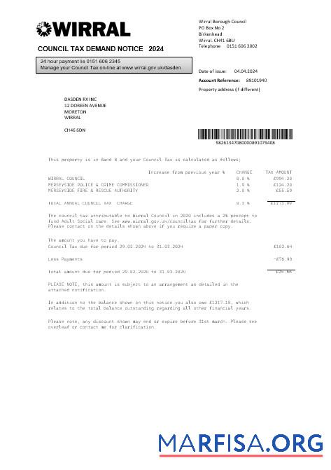 Blank United Kingdom Wirral council tax business utility bill template in Word and PDF formats